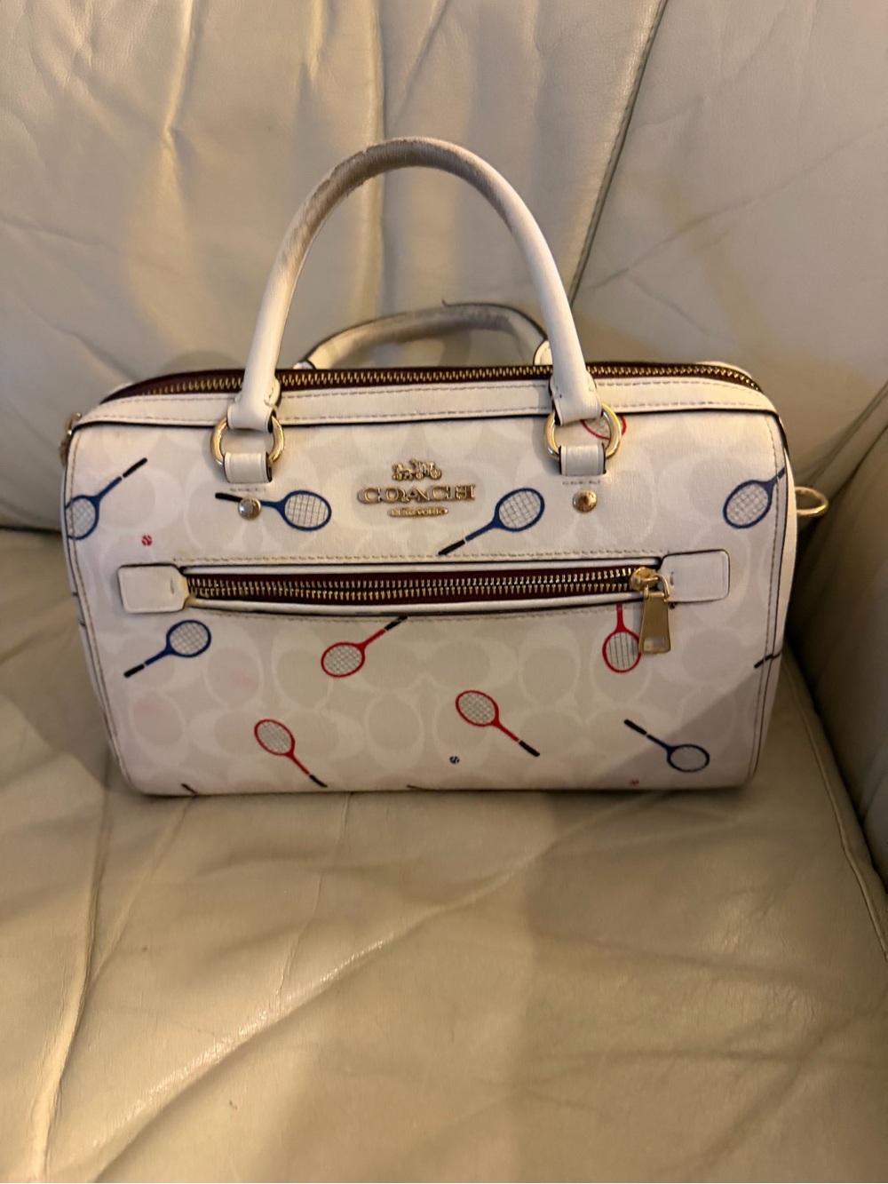 Coach White Satchel with Red and Blue Tennis Racket Print